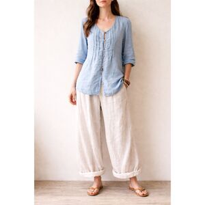 Lungo L'arno Womens Top Blue 100% Linen Button Front Pleated 3/4 Sleeve Eyelet L